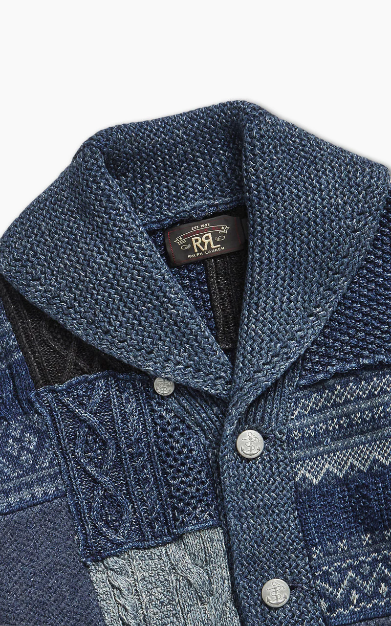 RRL Patchwork Shawl Collar Cardigan Indigo Blue - Image 4