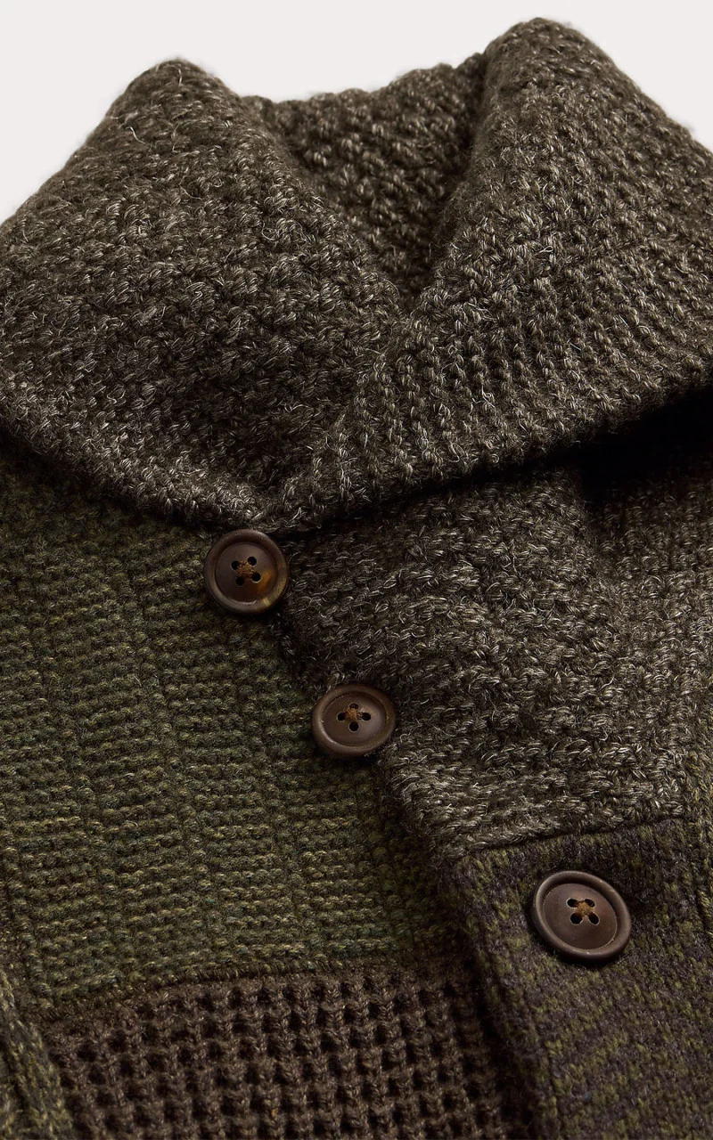 RRL Patchwork Shawl Collar Cardigan Olive Multi - Image 2