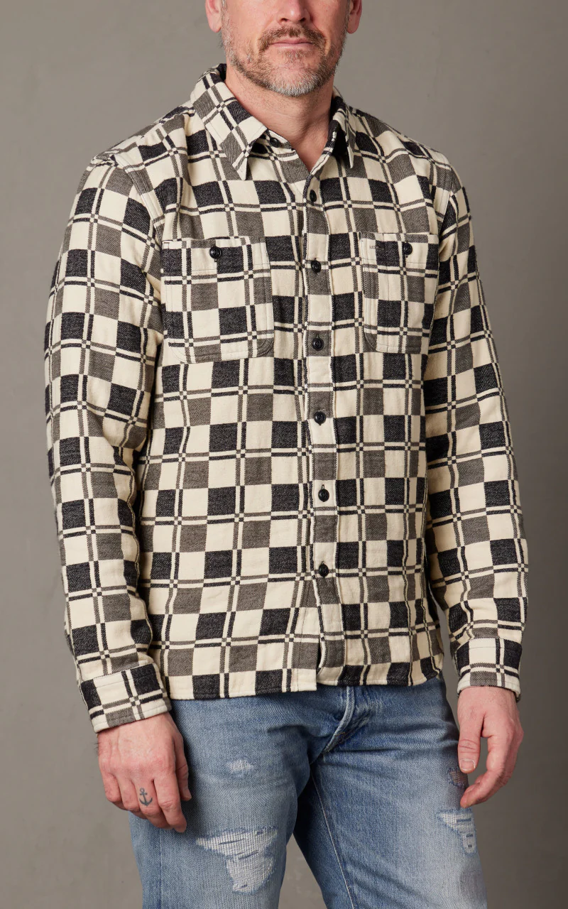 RRL Plaid Brushed Jacquard Workshirt Black/Creme - Image 4