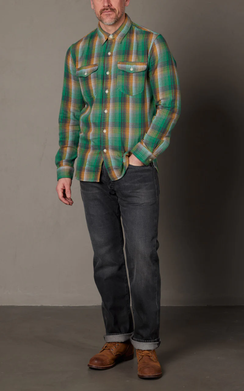 RRL Plaid Twill Workshirt Green/Yellow - Image 2