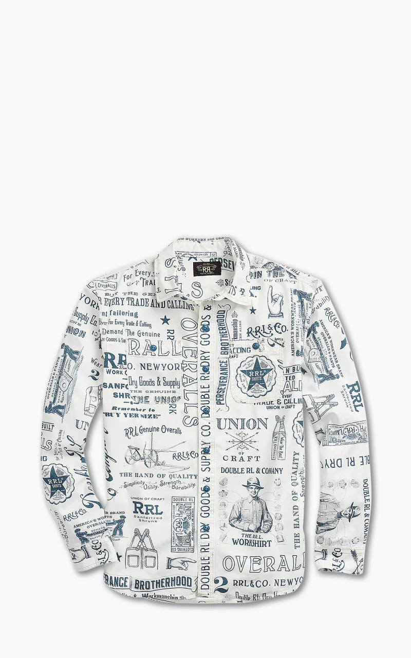 RRL Poplin Graphic Workshirt White/Blue