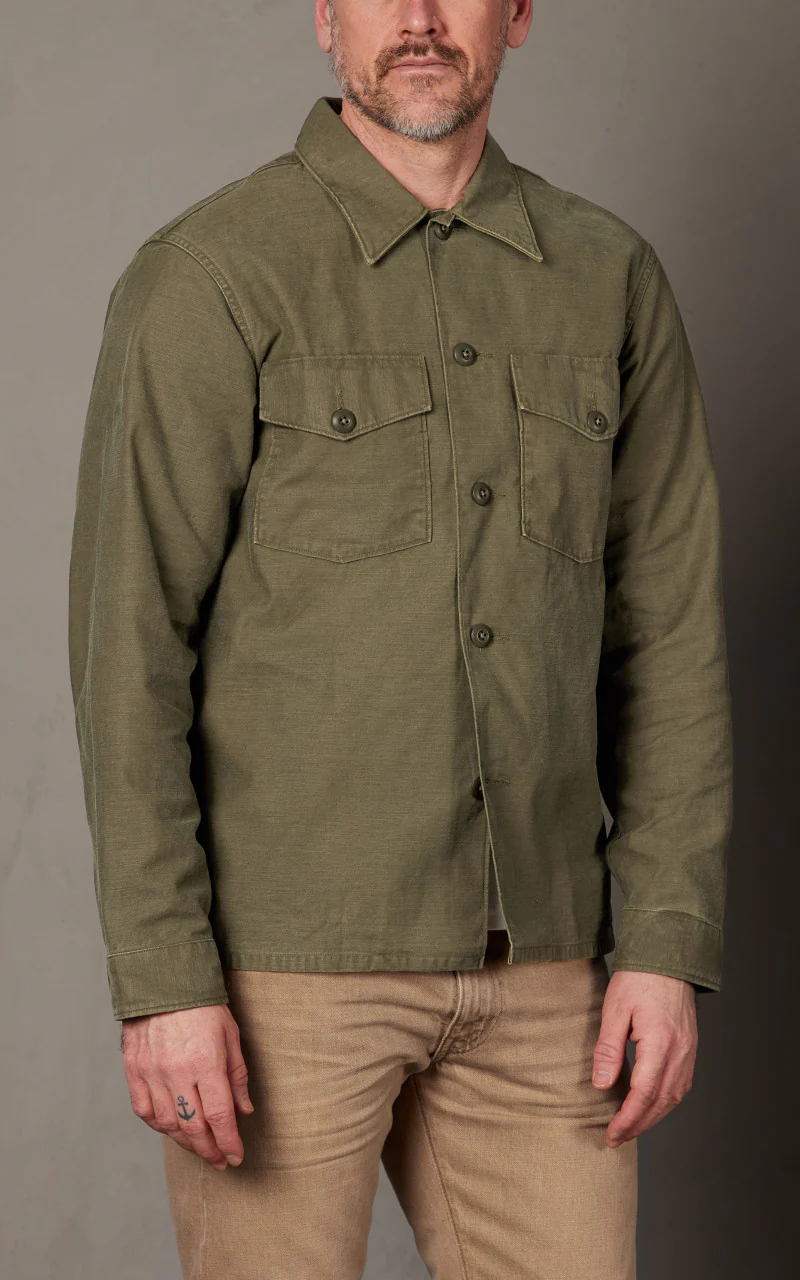 RRL Regiment Reverse Sateen Overshirt Olive - Image 4