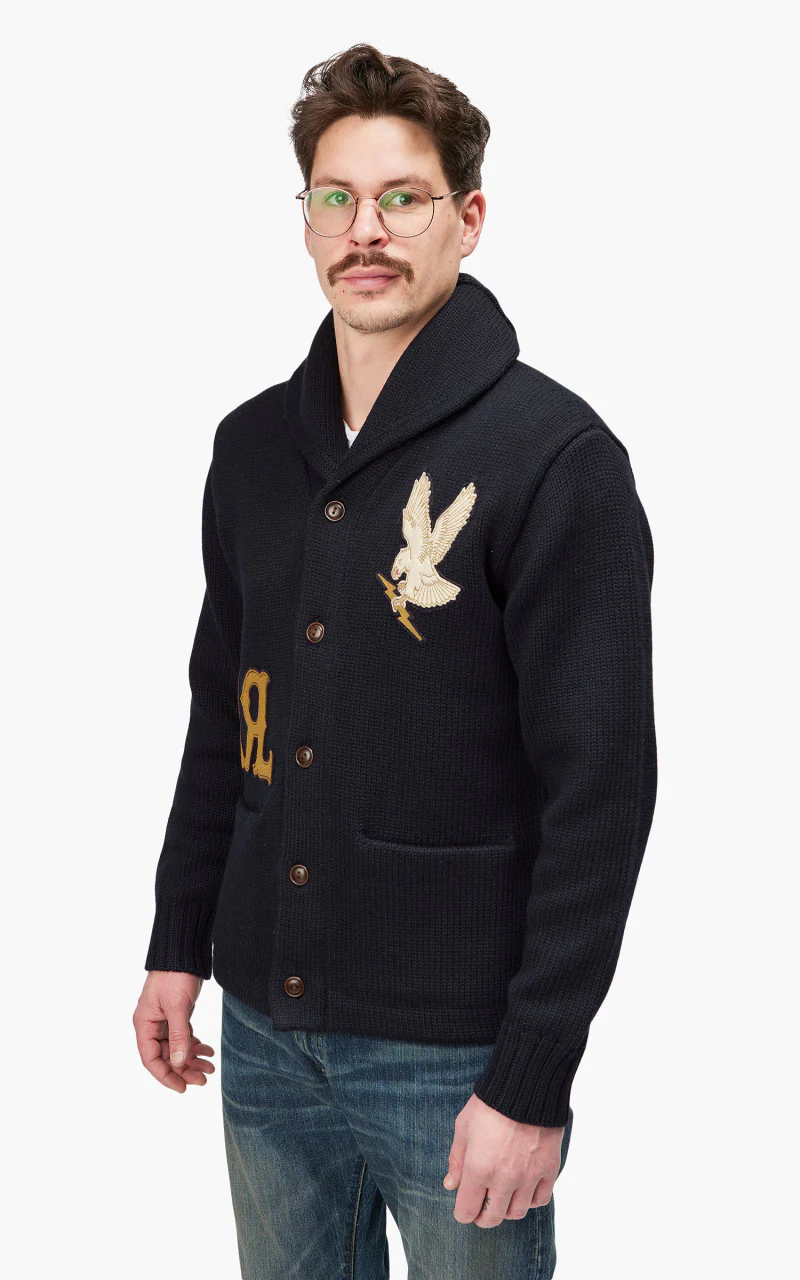 RRL Shawl Collar Cardigan Patch Navy - Image 5
