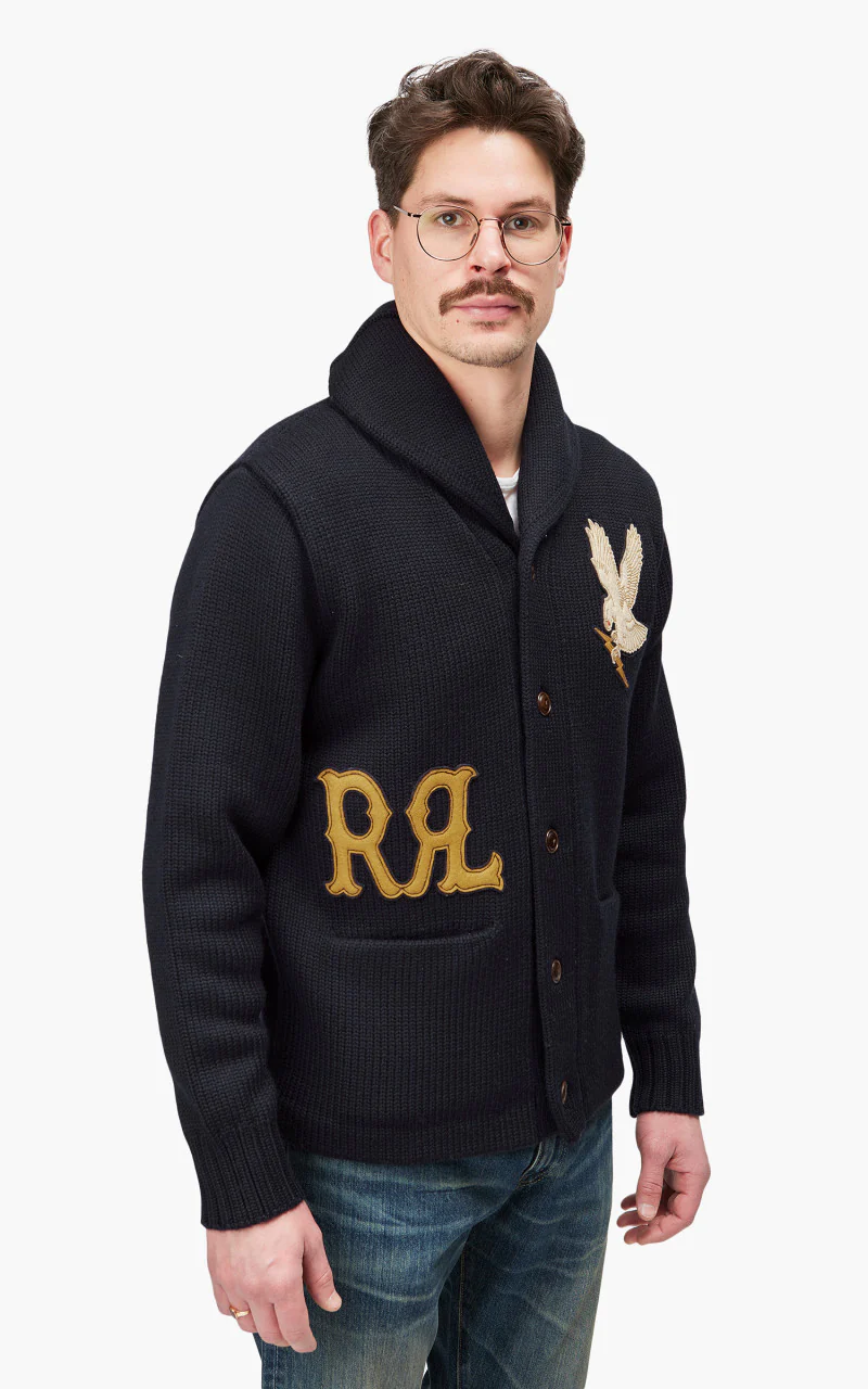 RRL Shawl Collar Cardigan Patch Navy - Image 6