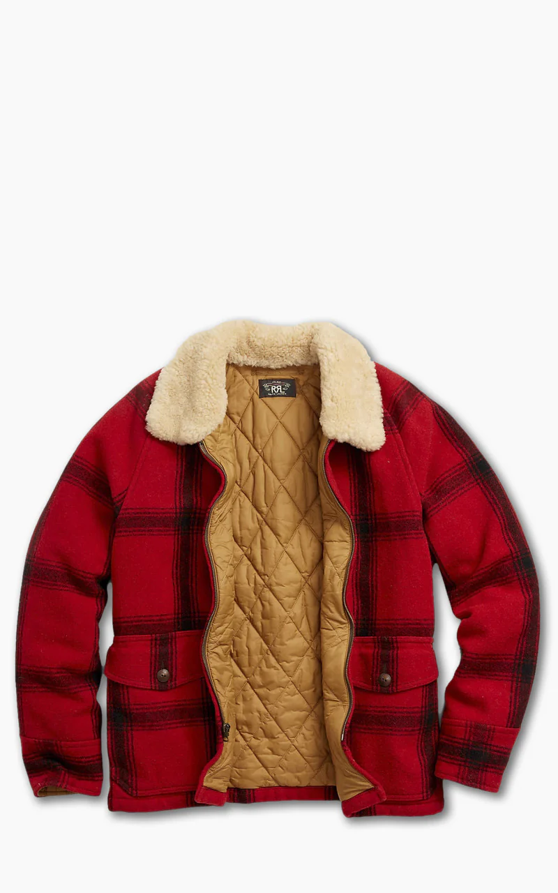 RRL Shearling-Collar Plaid Wool Jacket Red/Black Multi - Image 4