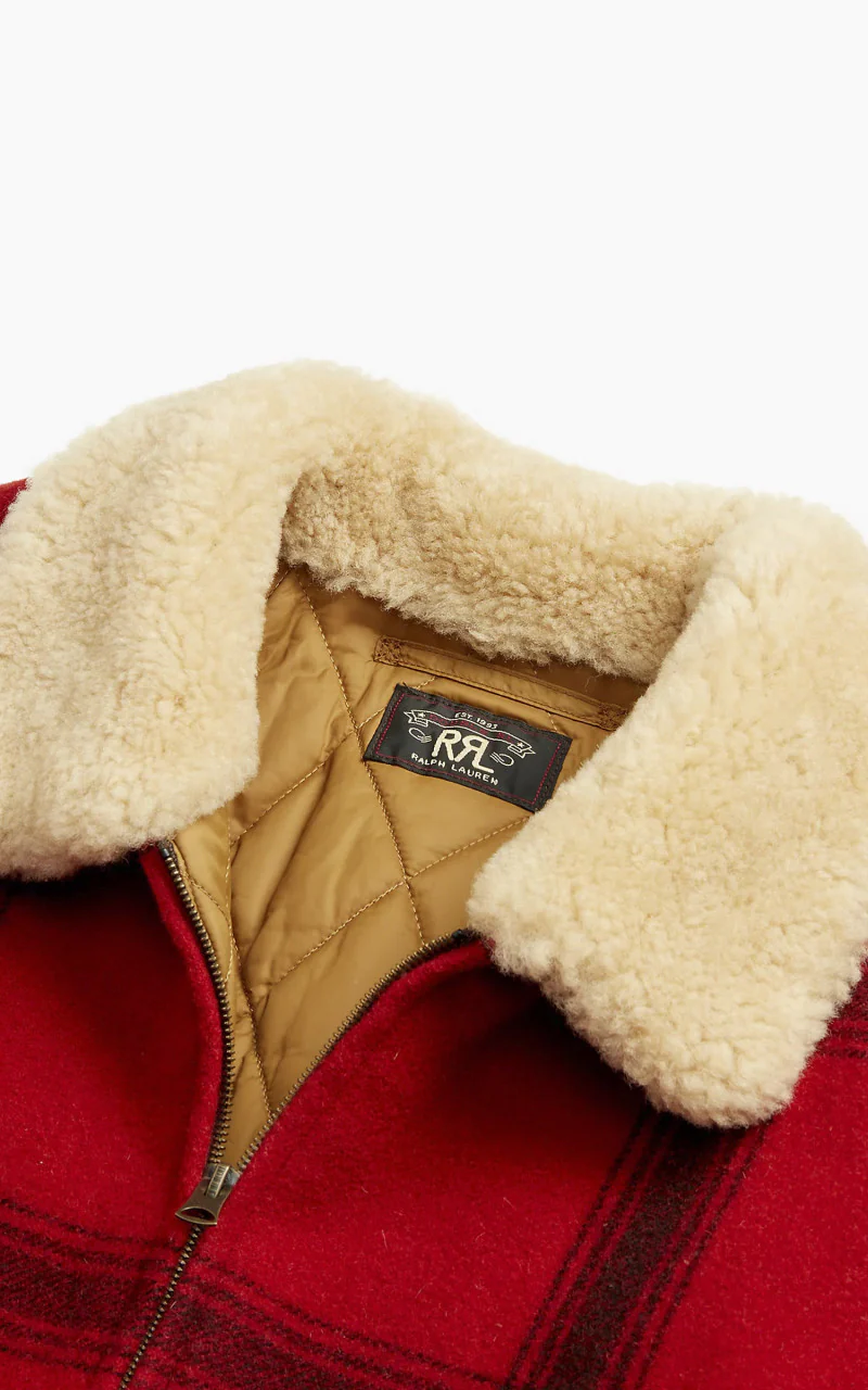 RRL Shearling-Collar Plaid Wool Jacket Red/Black Multi - Image 5