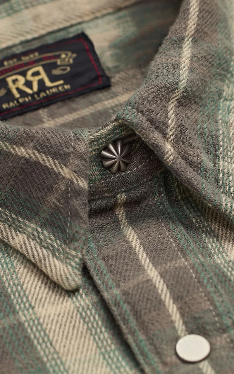 RRL Slim Fit Plaid Twill Western Shirt Green/Grey - Image 2