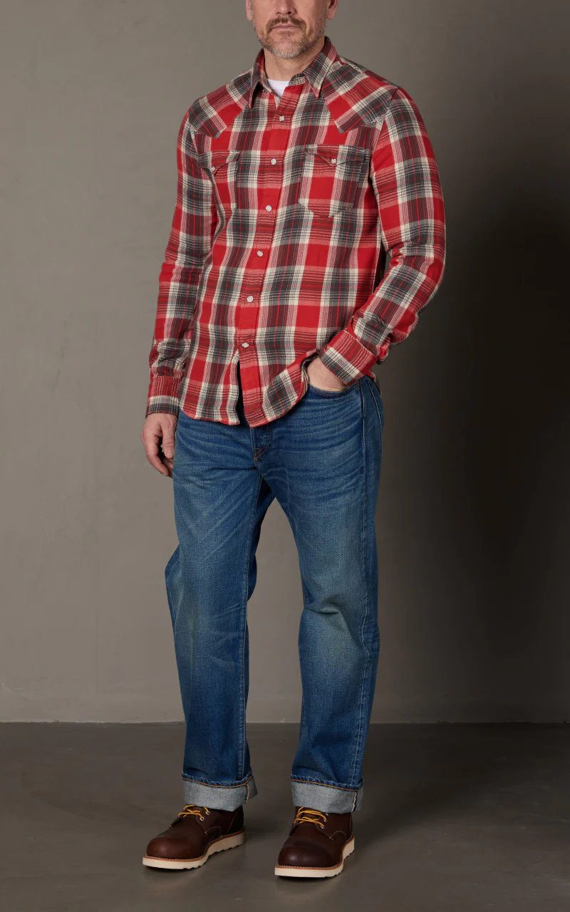 RRL Slim Fit Plaid Twill Western Shirt Red/Grey - Image 2