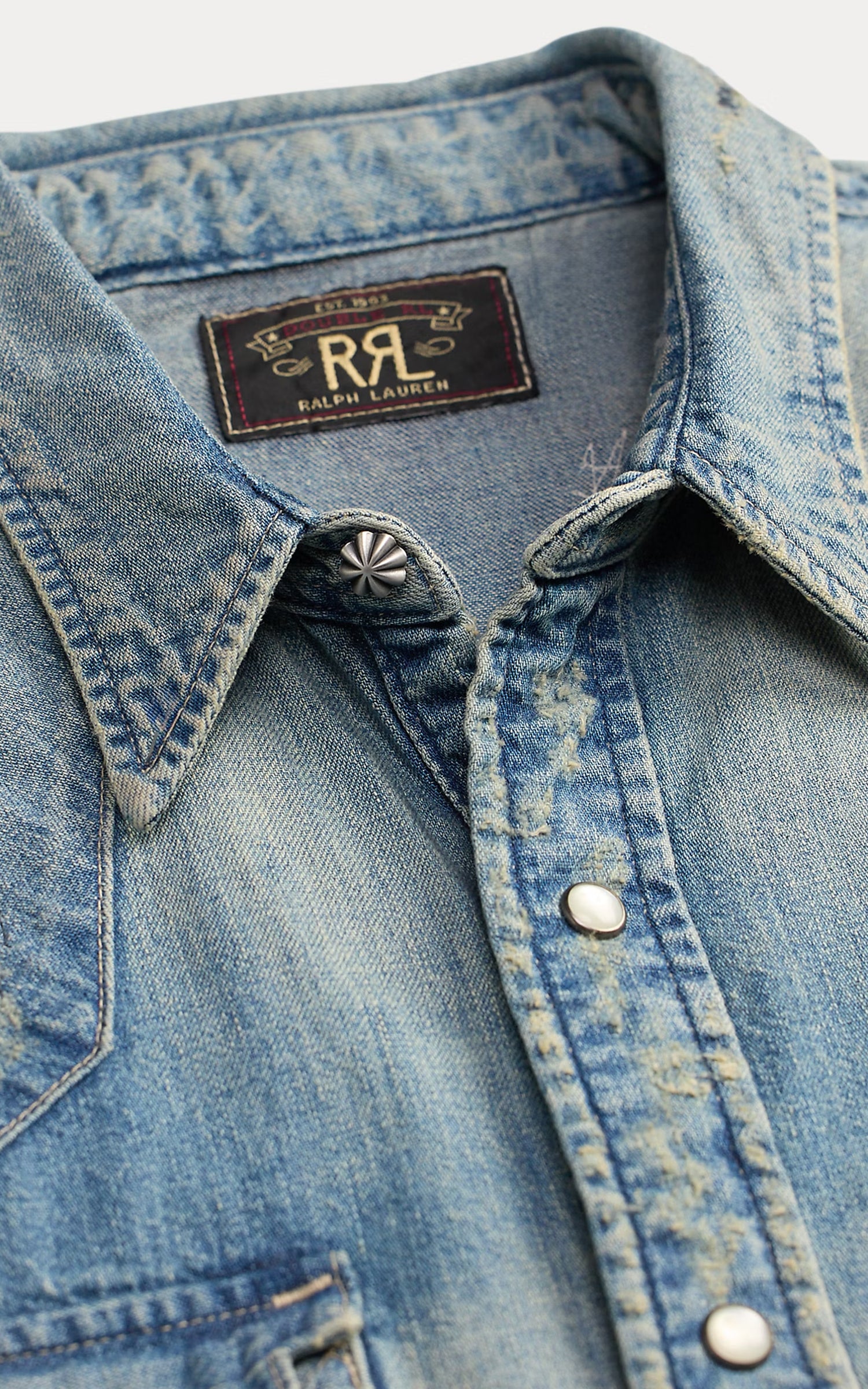 RRL Slim Fit Repaired Denim Western Shirt Addington Wash - Image 3