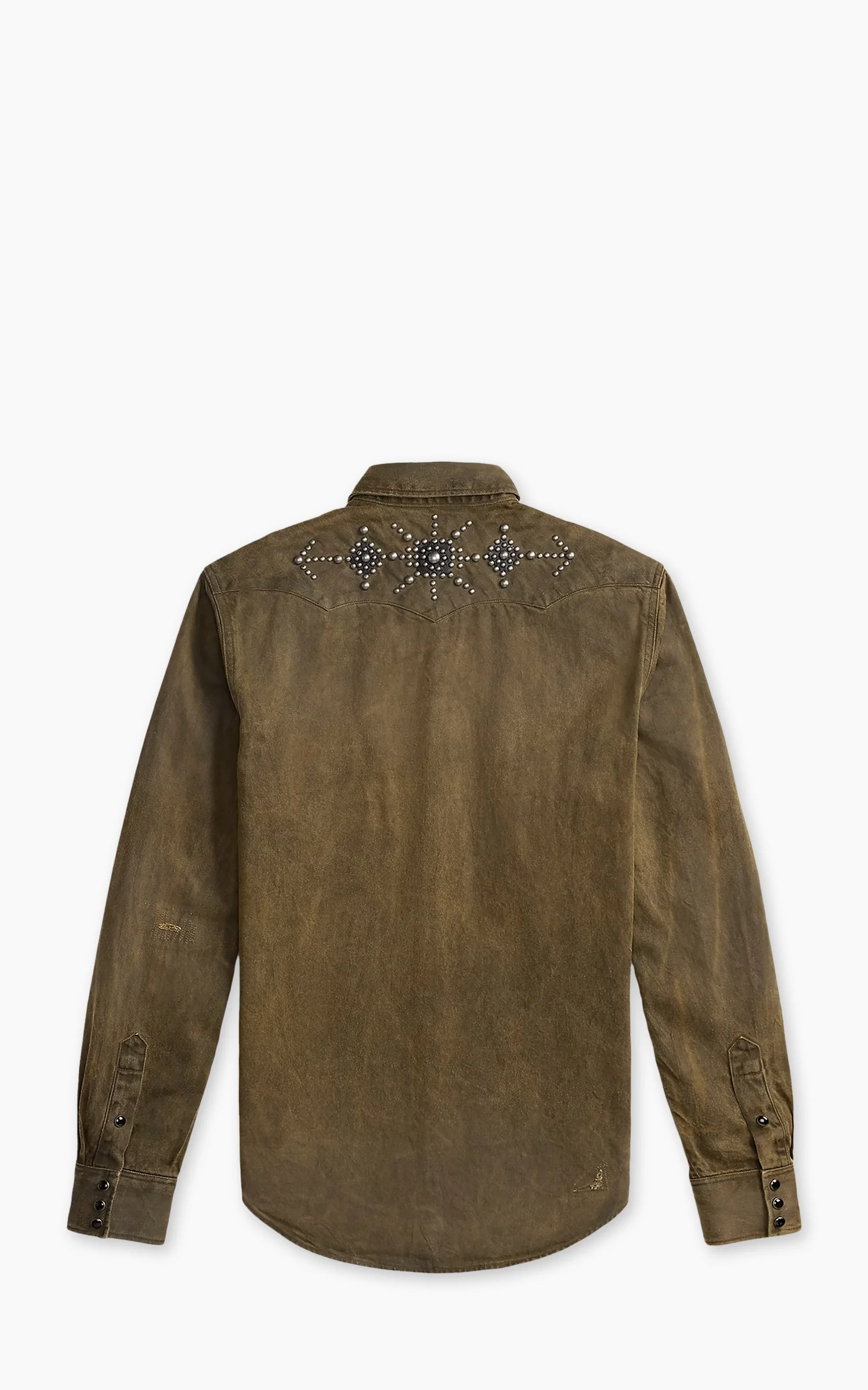 RRL Slim Fit Studded Denim Western Shirt Distressed Brown Wash - Image 7