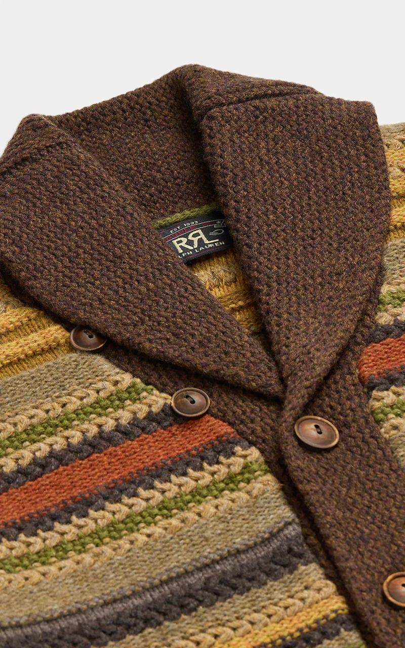 RRL Striped Wool Shawl Collar Cardigan Brown Multi - Image 2
