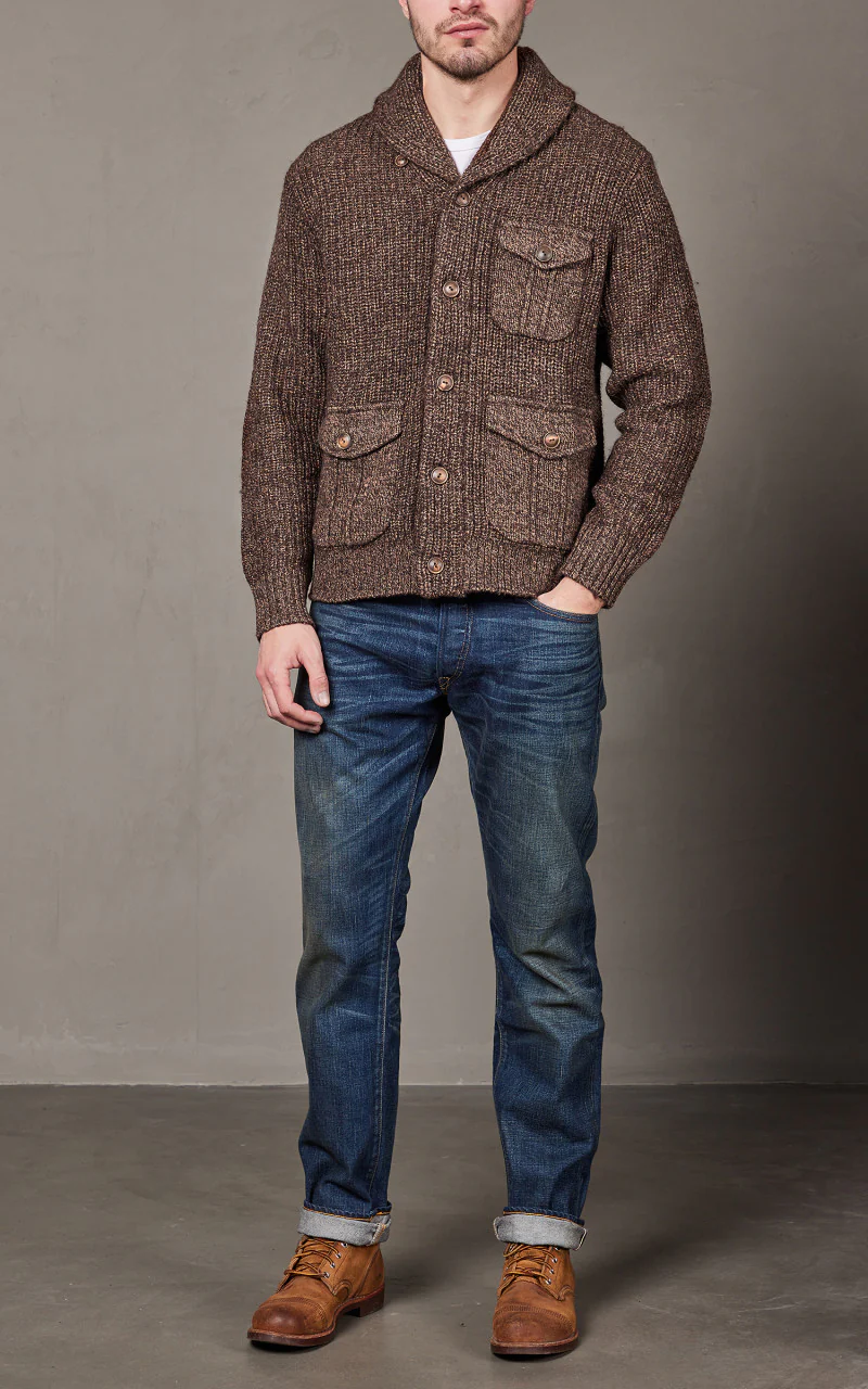 RRL Suede-Trim Marled Shawl Cardigan Brown Tan Marl - Image 2