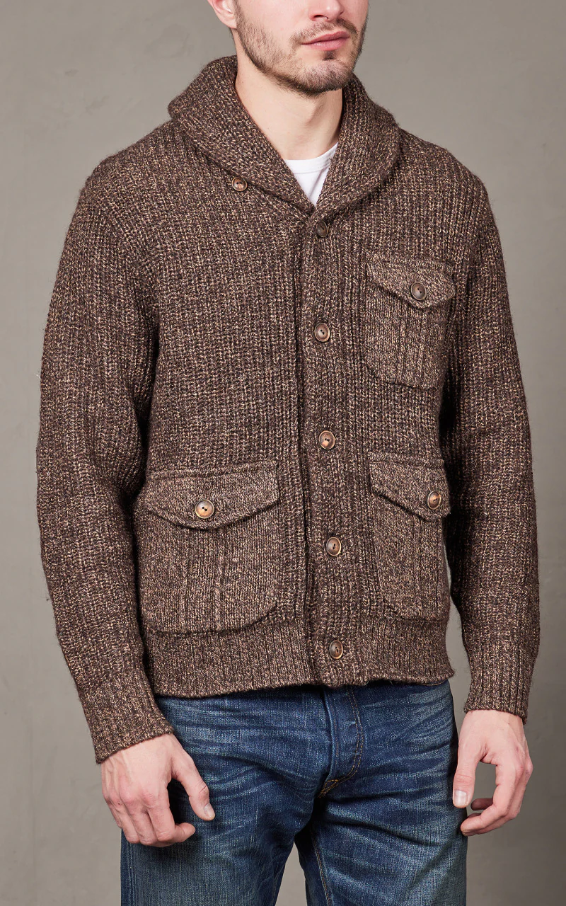 RRL Suede-Trim Marled Shawl Cardigan Brown Tan Marl - Image 4