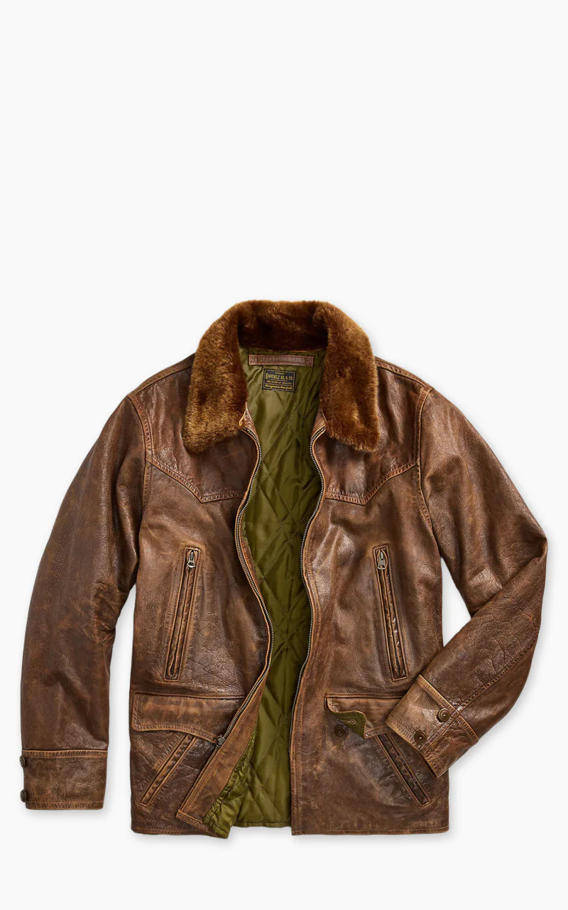 RRL Thurston Shearling-Collar Leather Car Coat Vintage Brown - Image 3