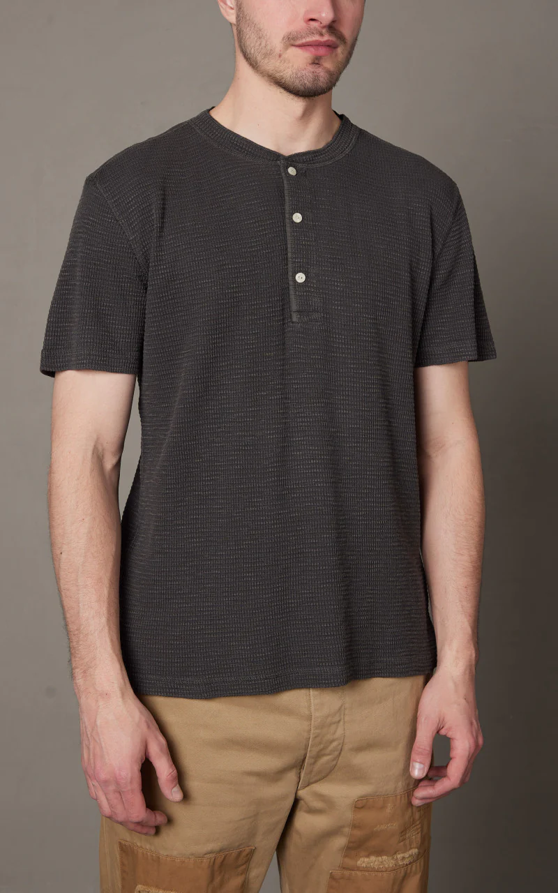 RRL Waffle-Knit Henley Shirt Faded Black Canvas - Image 3