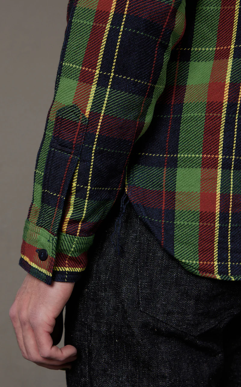Samurai Jeans SIN23-01W Flannel Shirt Indigo Rope Dyed Green - Image 6