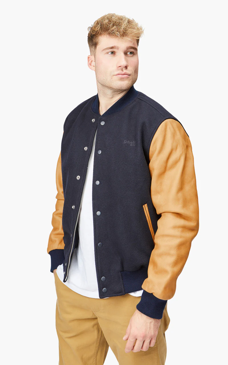Schott NYC Varsity Jacket LCUSA Navy/Cognac - Image 2
