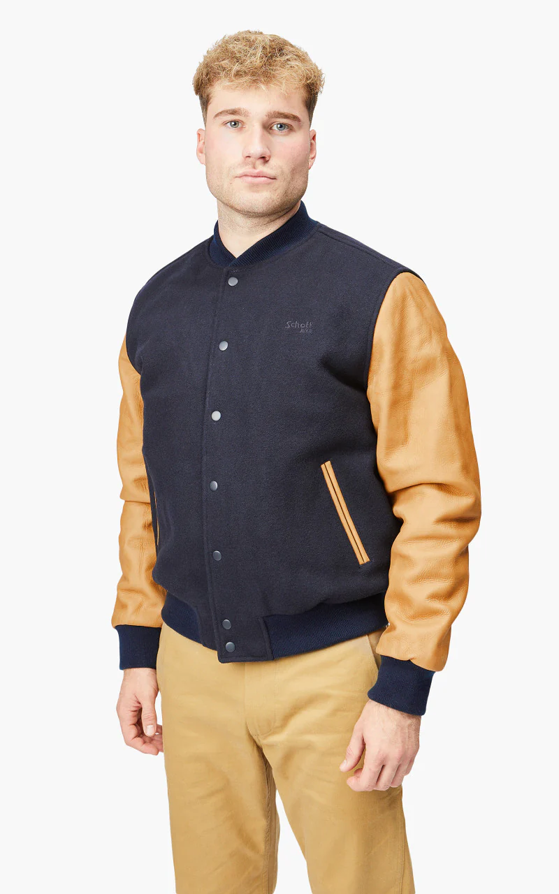 Schott NYC Varsity Jacket LCUSA Navy/Cognac - Image 5