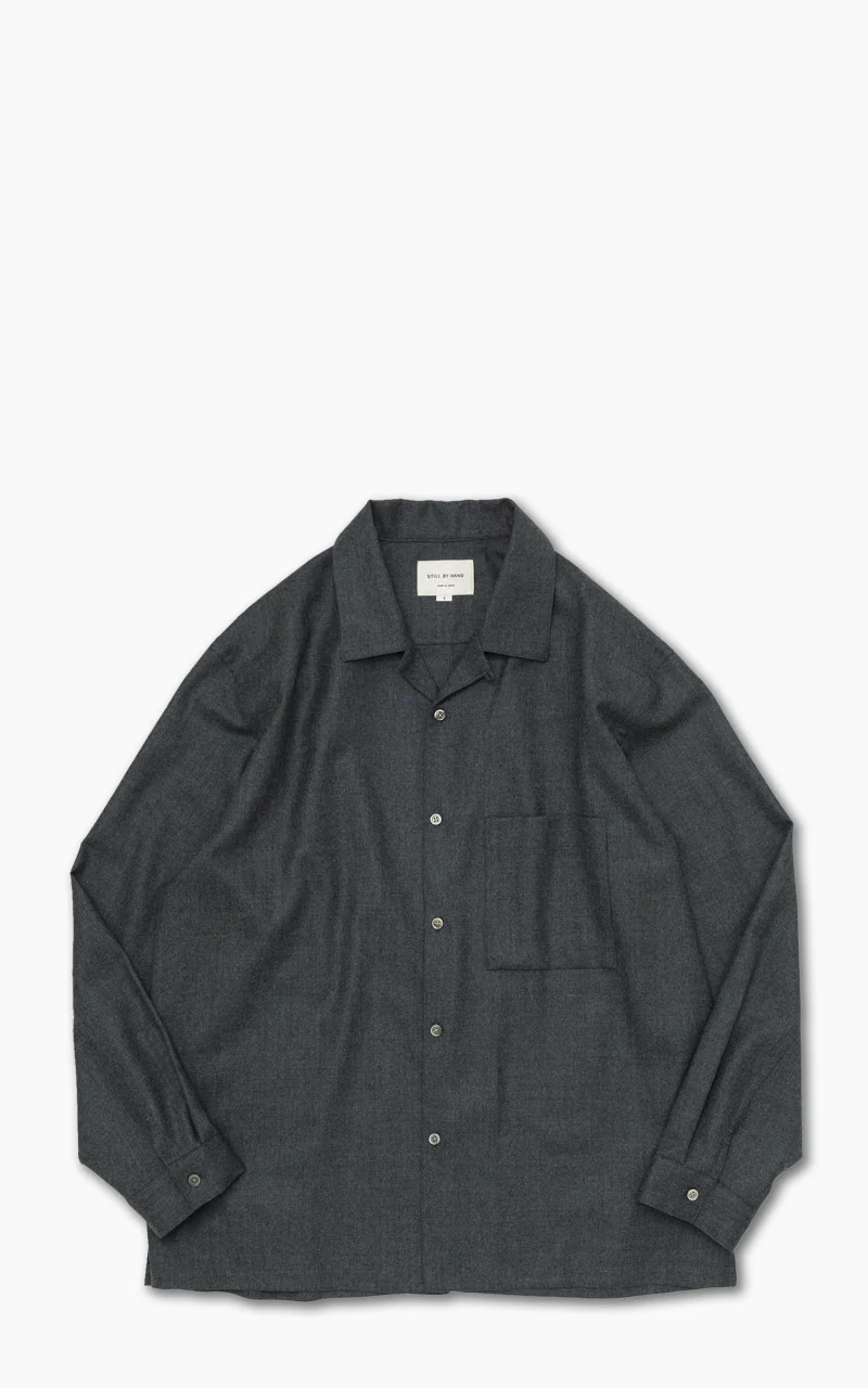 Still By Hand Open Collar Wool Shirt Blue Charcoal