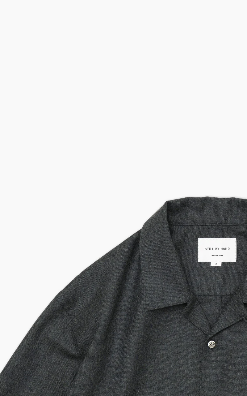 Still By Hand Open Collar Wool Shirt Blue Charcoal - Image 4