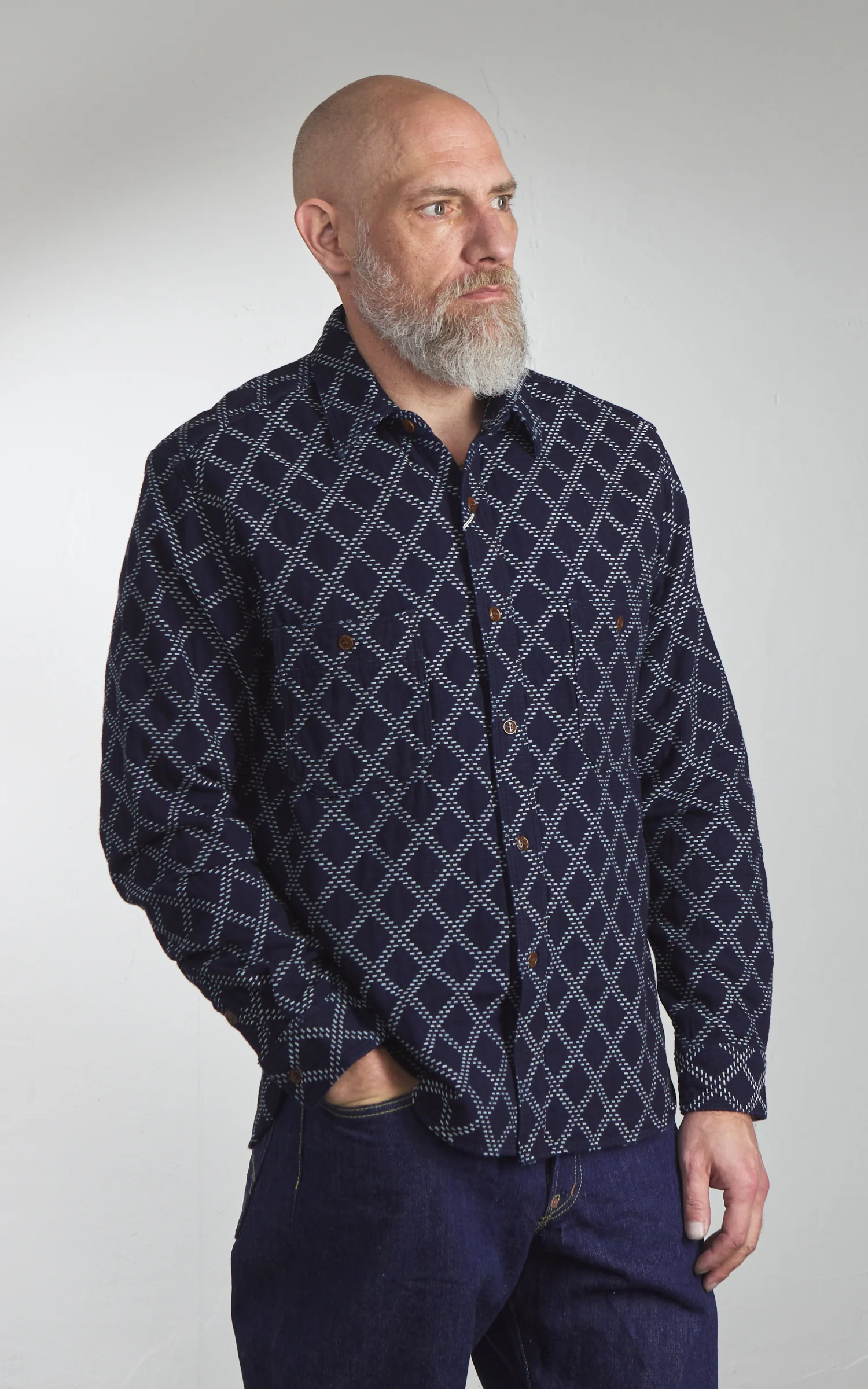 Studio D'Artisan 5728 Indigo Sashiko Dobby Work Shirt Indigo - Image 5