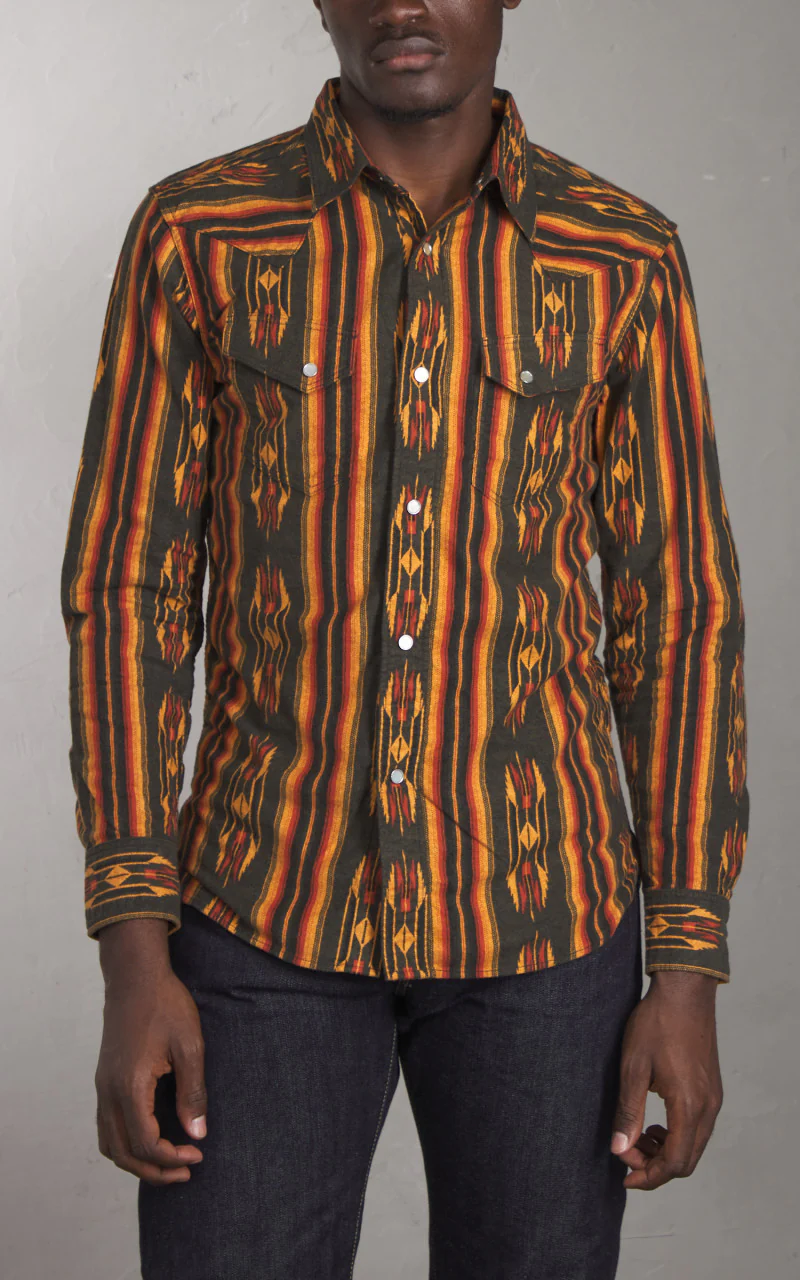 The Flat Head FN-SCW-018L Native Border Striped Flannel Western Shirt Black - Image 2