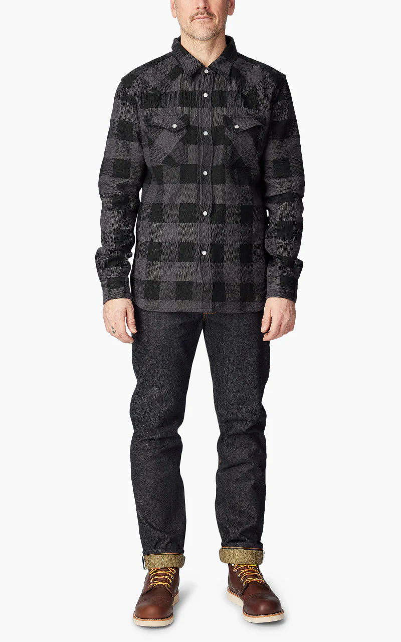 The Flat Head FN-SNW-101L Block Check Flannel Western Shirt Grey/Black - Image 2