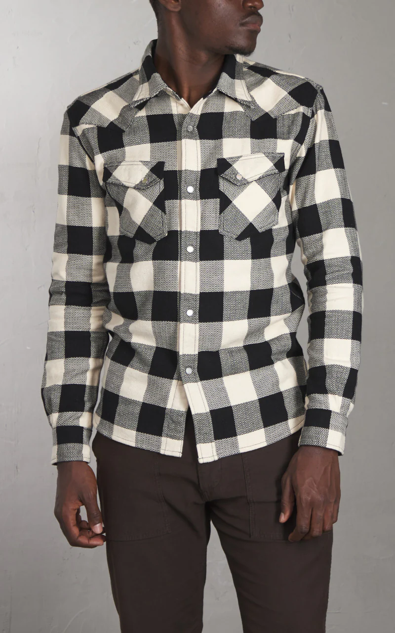 The Flat Head FN-SNW-101L Block Check Flannel Western Shirt Ivory/Black - Image 2