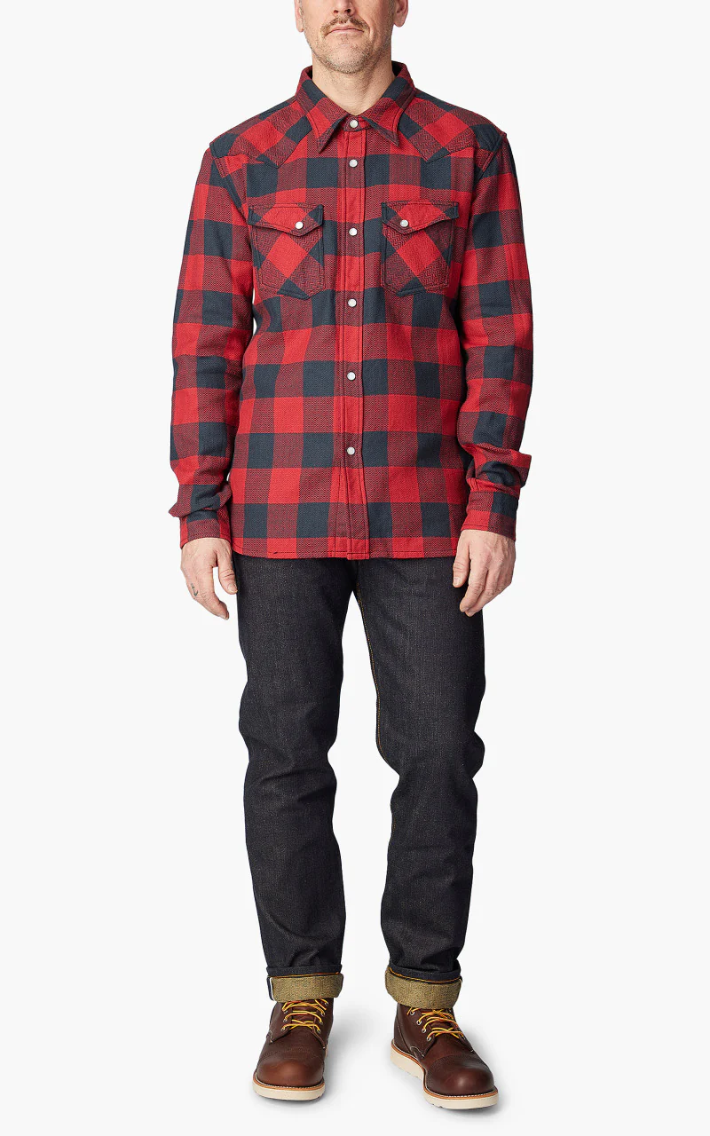 The Flat Head FN-SNW-101L Block Check Flannel Western Shirt Red/Black - Image 2