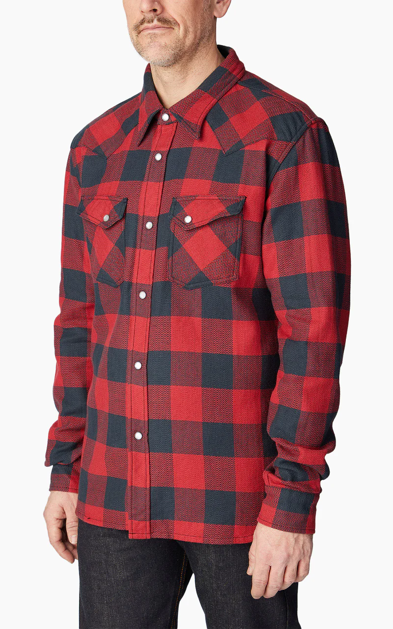 The Flat Head FN-SNW-101L Block Check Flannel Western Shirt Red/Black - Image 4