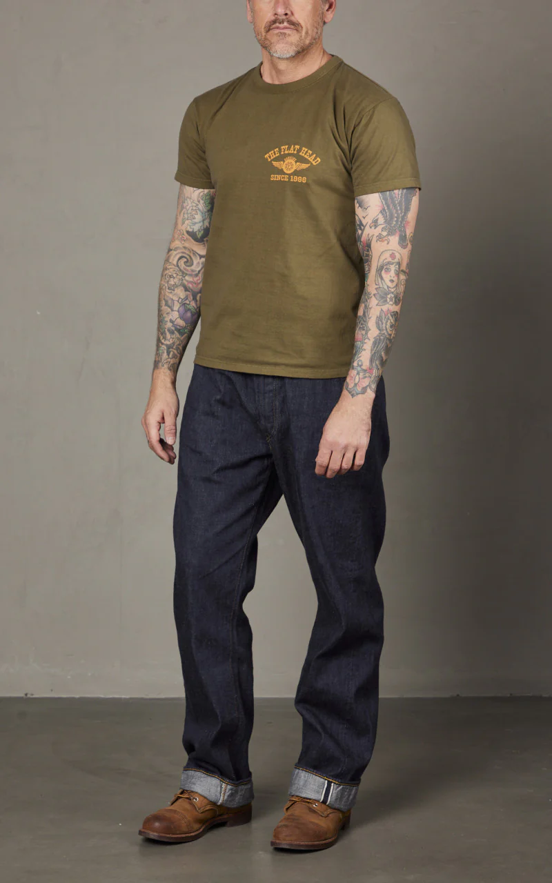 The Flat Head FN-THC-202 Flying Wheel T-Shirt Olive/Yellow - Image 2