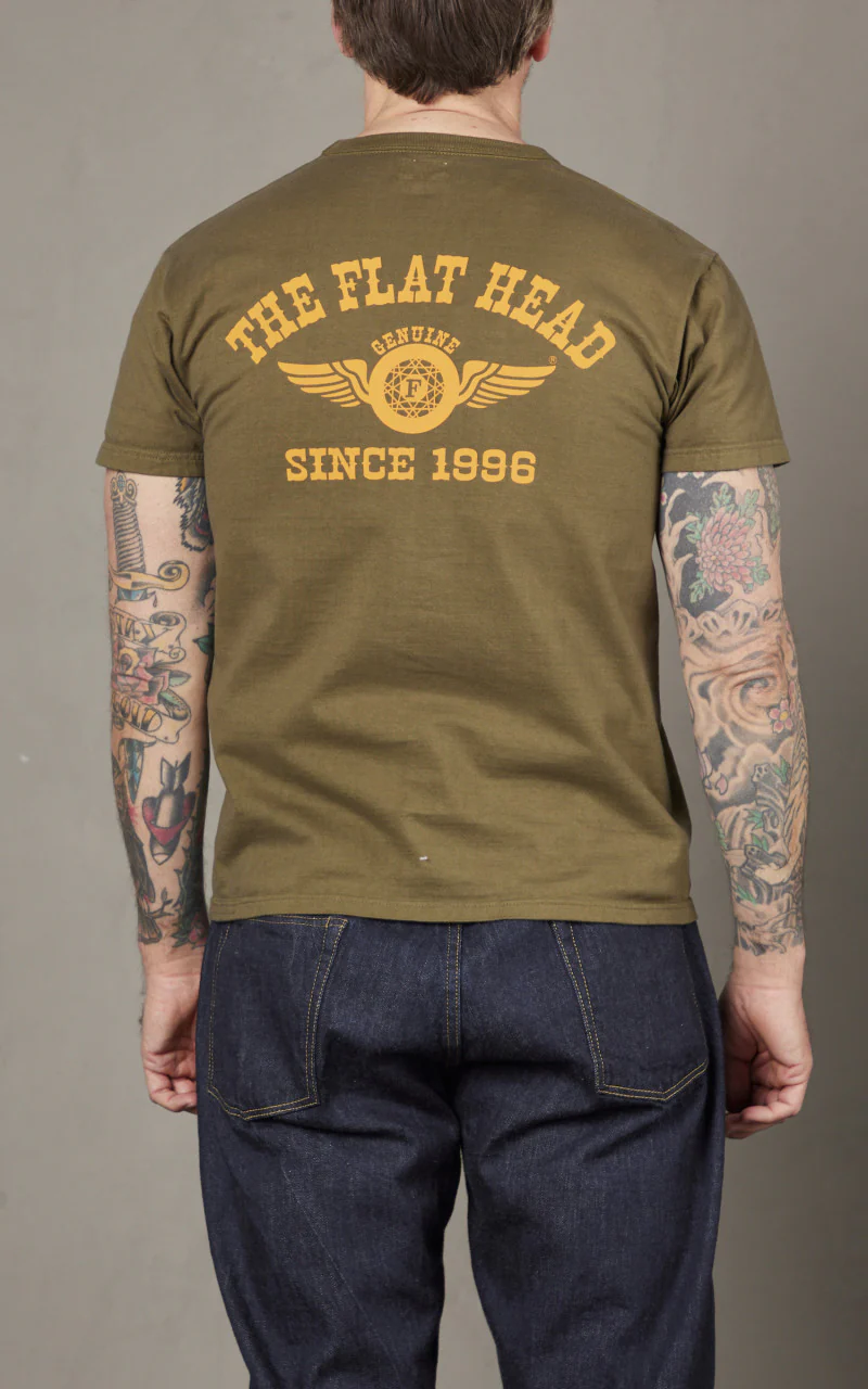 The Flat Head FN-THC-202 Flying Wheel T-Shirt Olive/Yellow - Image 3