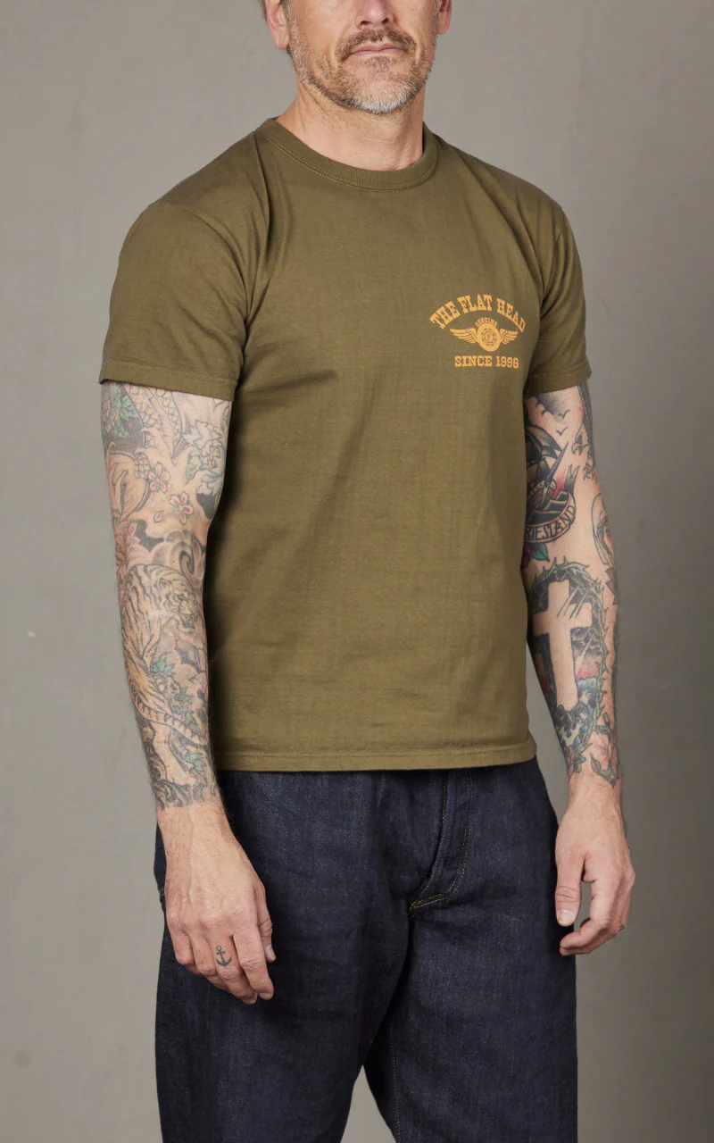 The Flat Head FN-THC-202 Flying Wheel T-Shirt Olive/Yellow - Image 4