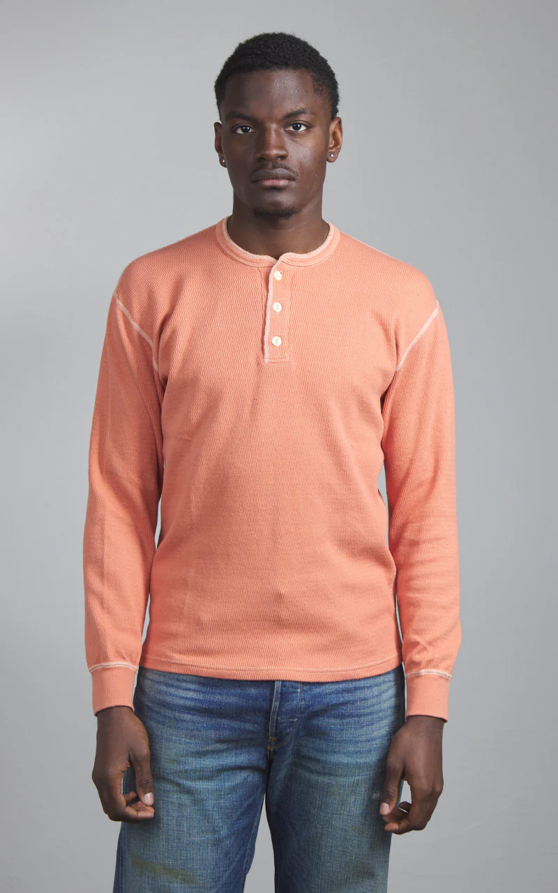 The Flat Head FN-THLH-004 Waffle Knit Henley Thermal Light Orange - Image 2