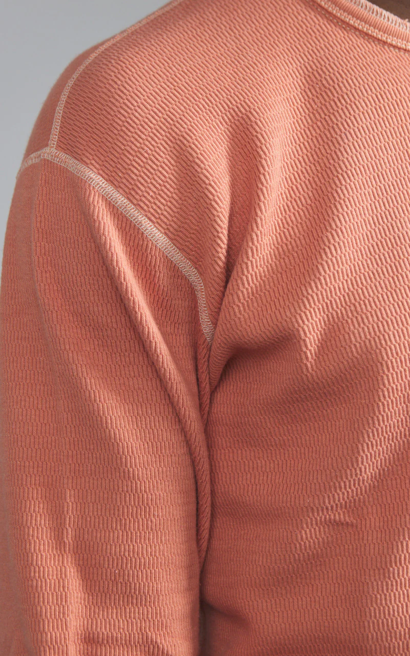 The Flat Head FN-THLH-004 Waffle Knit Henley Thermal Light Orange - Image 4