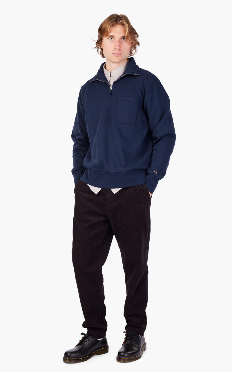 Universal Works Half Zip Sweatshirt Brushback Navy - Image 2