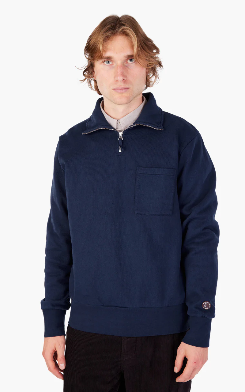 Universal Works Half Zip Sweatshirt Brushback Navy - Image 4