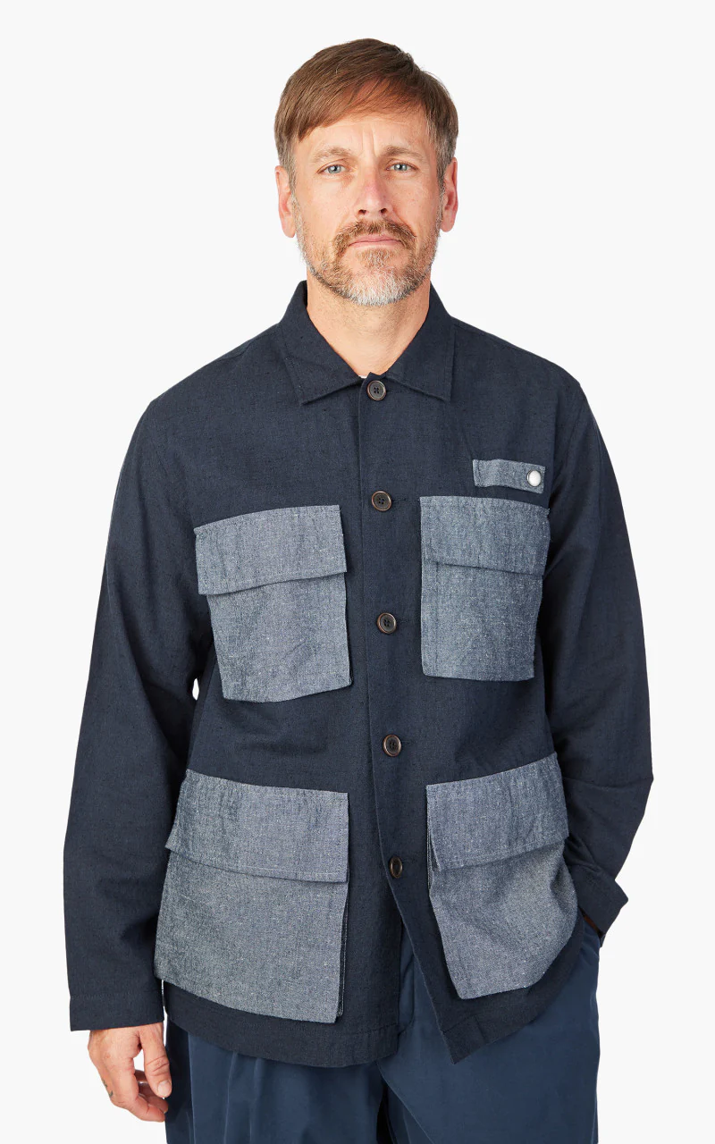 Universal Works Photographers Jacket Lord Cotton Linen Navy/Grey - Image 4