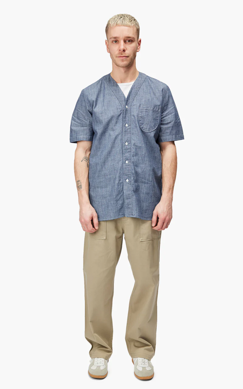Universal Works S/S V Neck Overshirt Chambray Indigo - Image 2