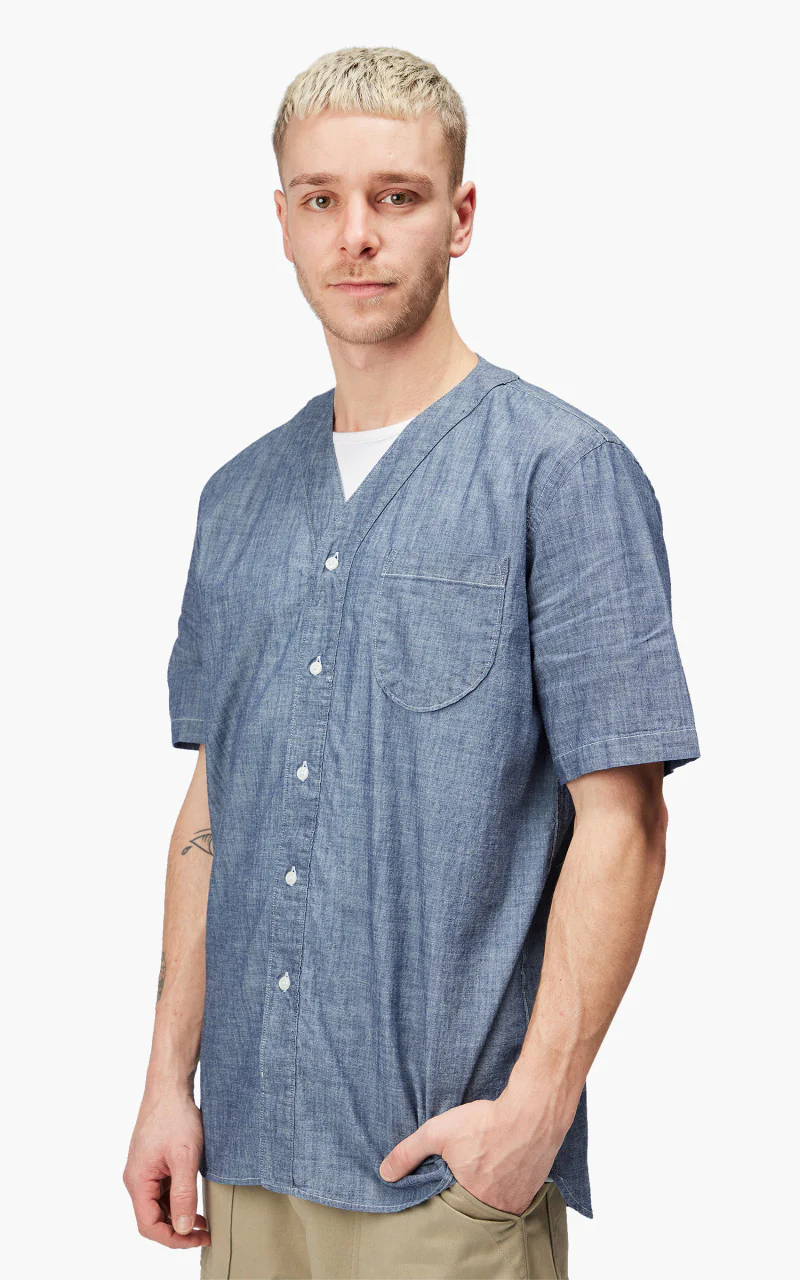 Universal Works S/S V Neck Overshirt Chambray Indigo - Image 3