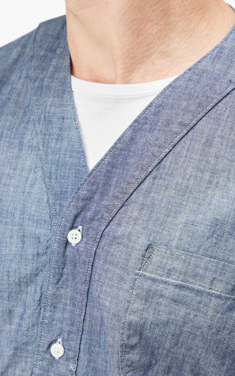 Universal Works S/S V Neck Overshirt Chambray Indigo - Image 4