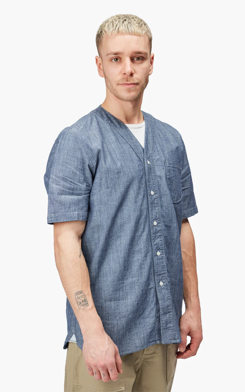 Universal Works S/S V Neck Overshirt Chambray Indigo - Image 5