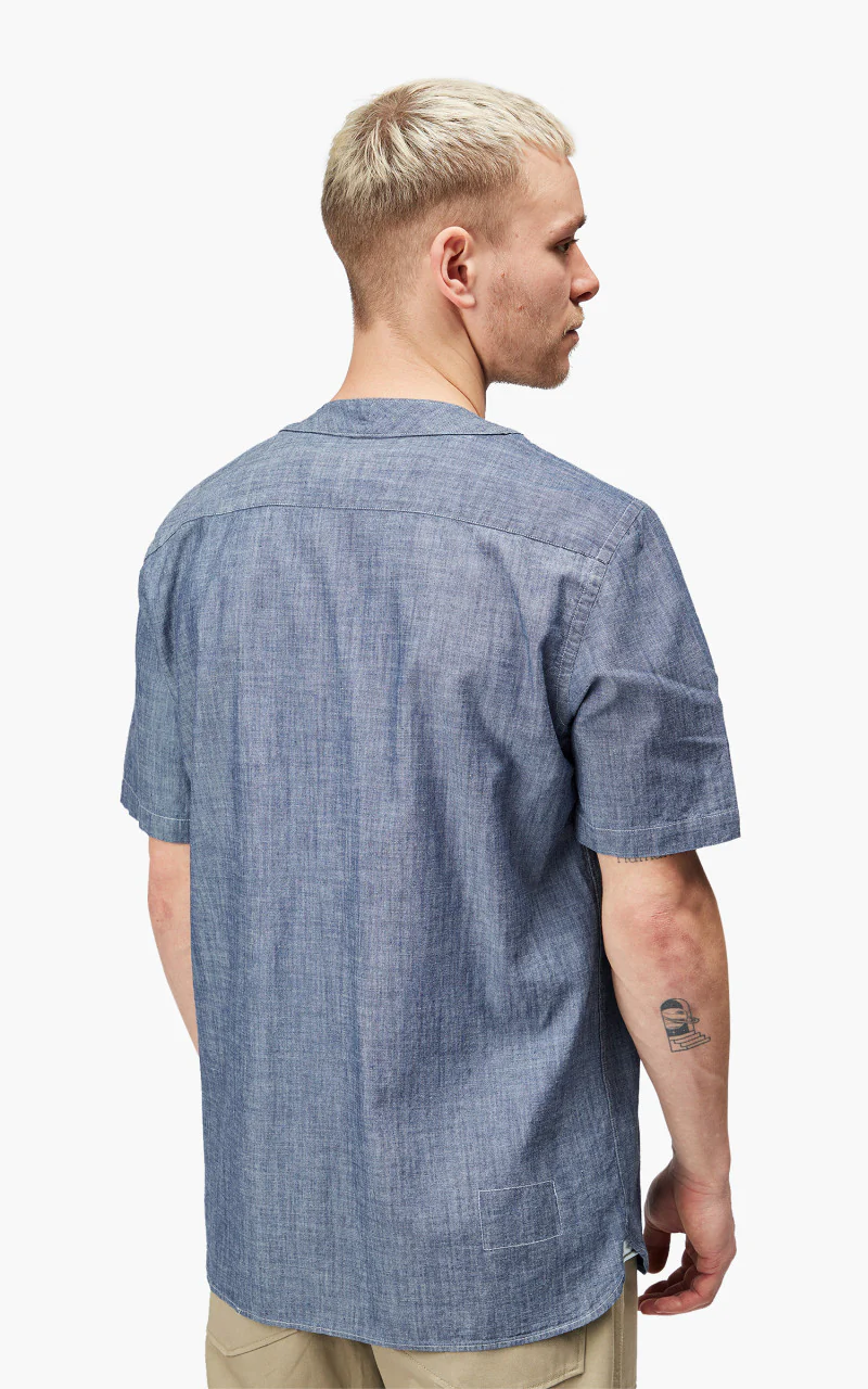 Universal Works S/S V Neck Overshirt Chambray Indigo - Image 6