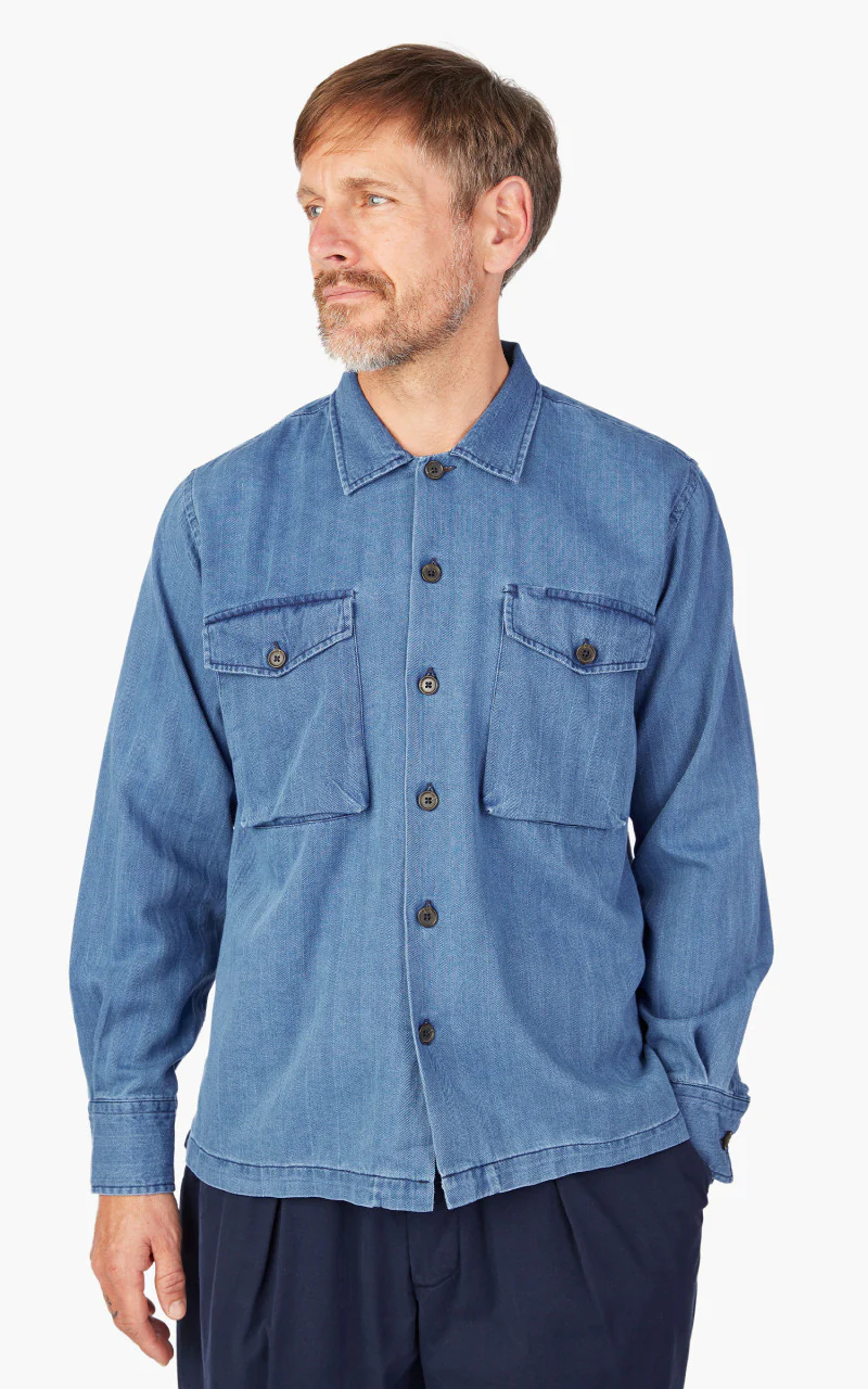 Universal Works Treck Shirt Herringbone Denim Faded Indigo - Image 4