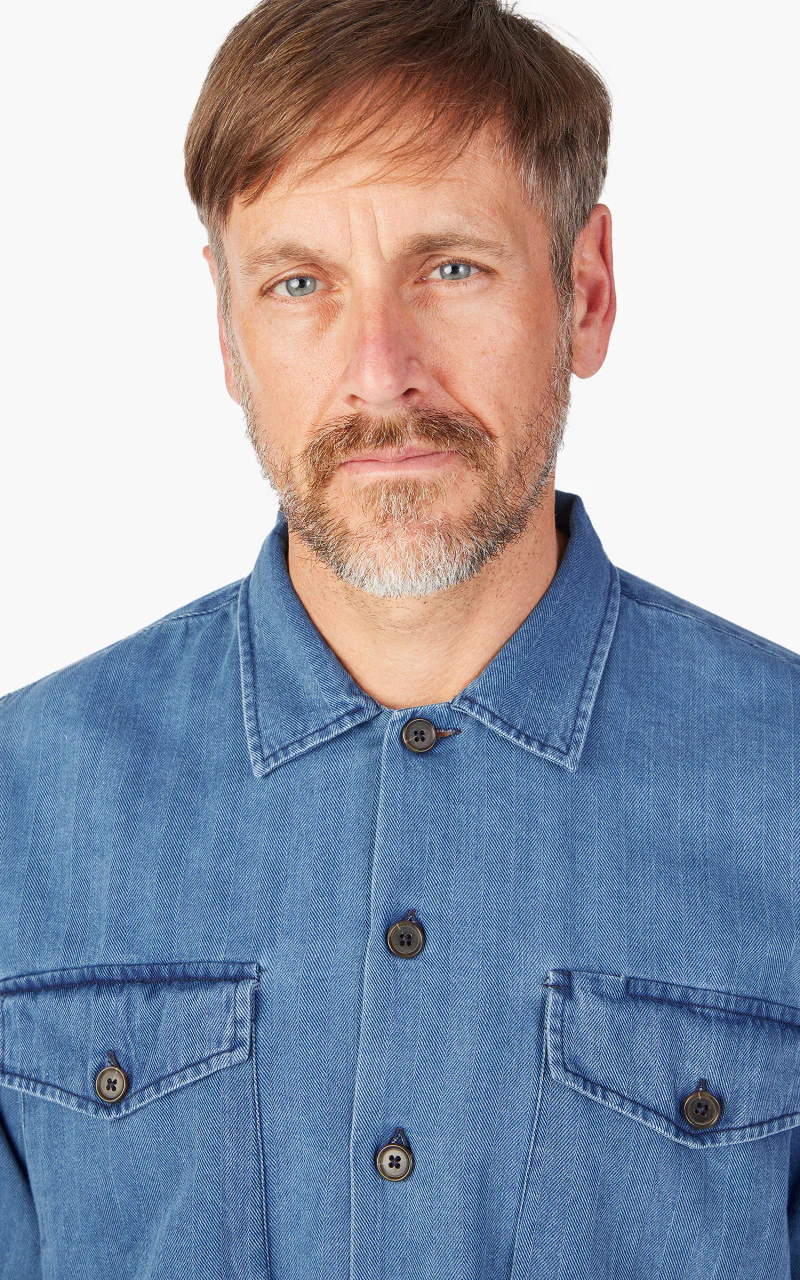 Universal Works Treck Shirt Herringbone Denim Faded Indigo - Image 5