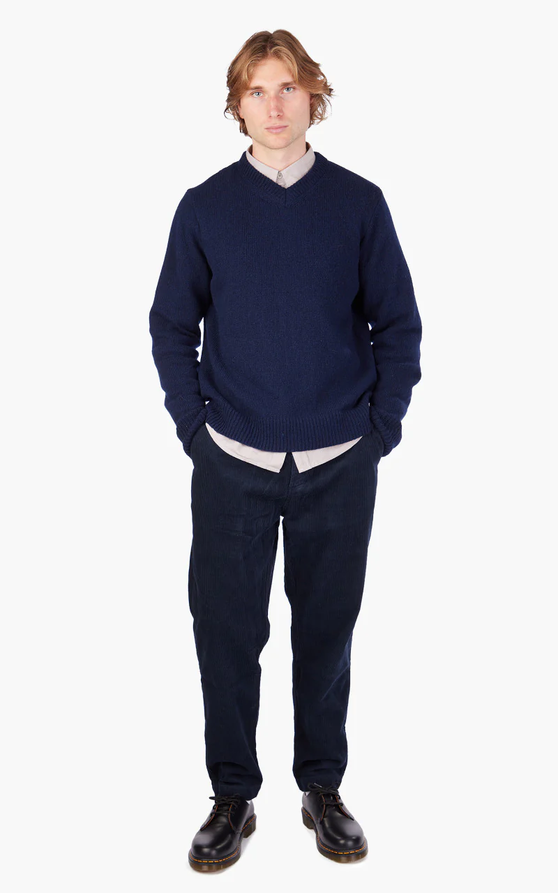 Universal Works V Neck Sweater Eco Wool Navy - Image 2