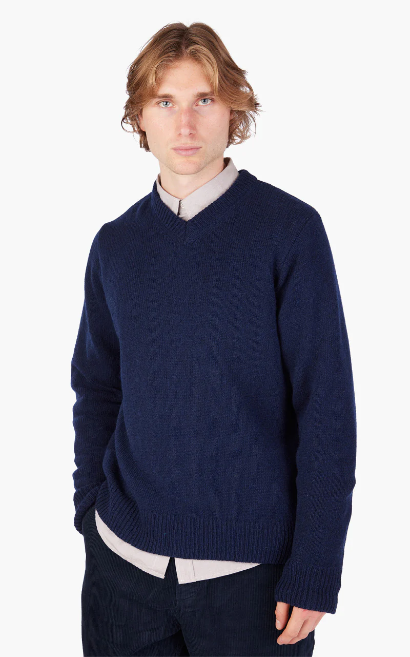 Universal Works V Neck Sweater Eco Wool Navy - Image 4