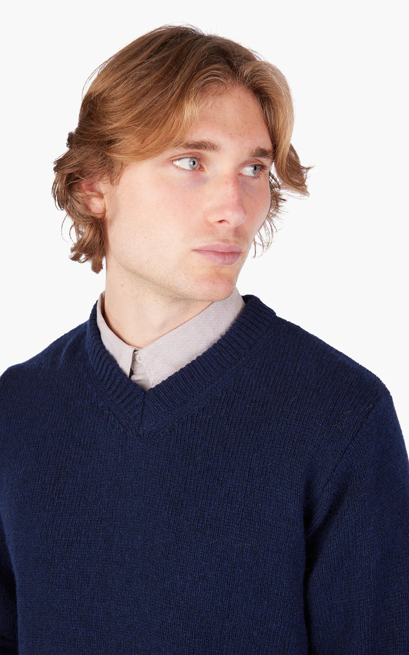 Universal Works V Neck Sweater Eco Wool Navy - Image 5