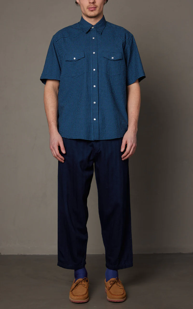 Universal Works Western Garage Shirt Gingham Seersucker Navy - Image 2