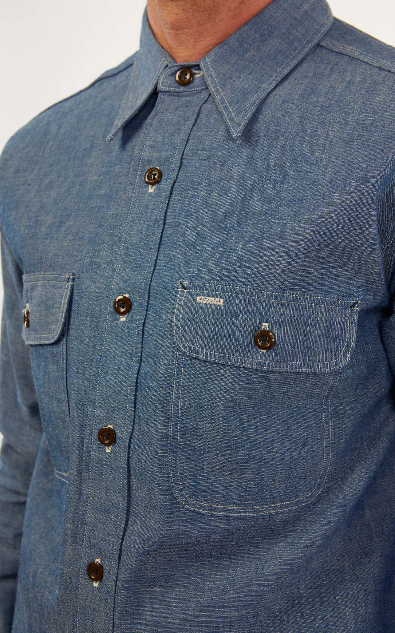 Warehouse & Co. 3036 Chambray Shirt Duck Digger W/ Elbow Patch Saxe Blue - Image 13